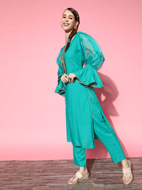Thumbnail for InWeave Women's Aqua Organza Sleeve Gota Work Kurta Set - Distacart
