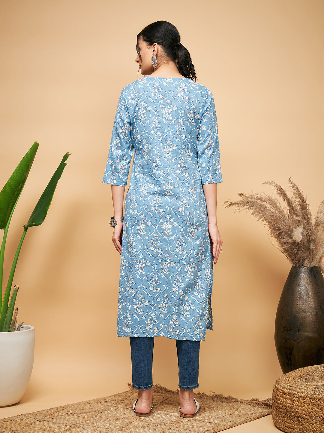 InWeave Women's Powder Blue White Print Lace Straight Kurta - Distacart