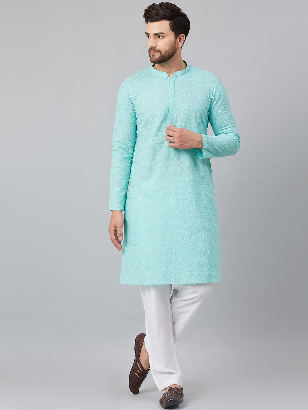 NOZ2TOZ Men Lime Green Green Chikankari Embroidered Woven Design Straight Kurta With Pyjama - Distacart