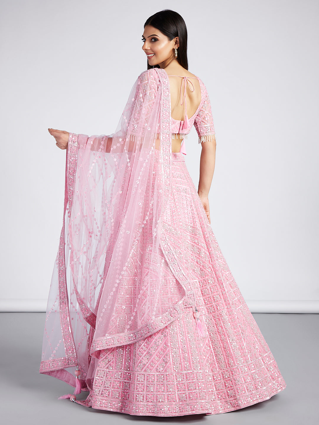 House of Panchhi Pink Net Sequins, Zarkan And Thread Embroidery Lehenga Choli & Dupatta - Distacart