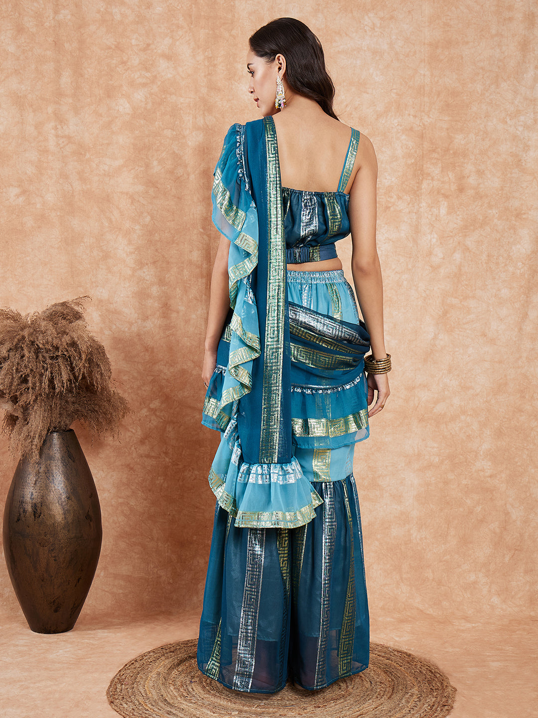 InWeave Women's Teal Shaded Lurex Frill Sharara Saree - Distacart