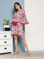 Thumbnail for InWeave Women's Pink Floral Blue Bell Sleeve Dress - Distacart