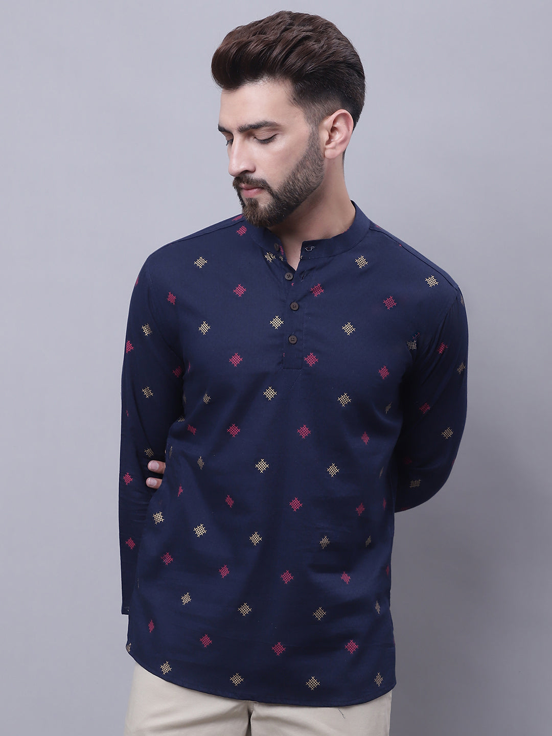 Even Apparels Blue Pure Cotton Short Kurta With Band Collar - Distacart