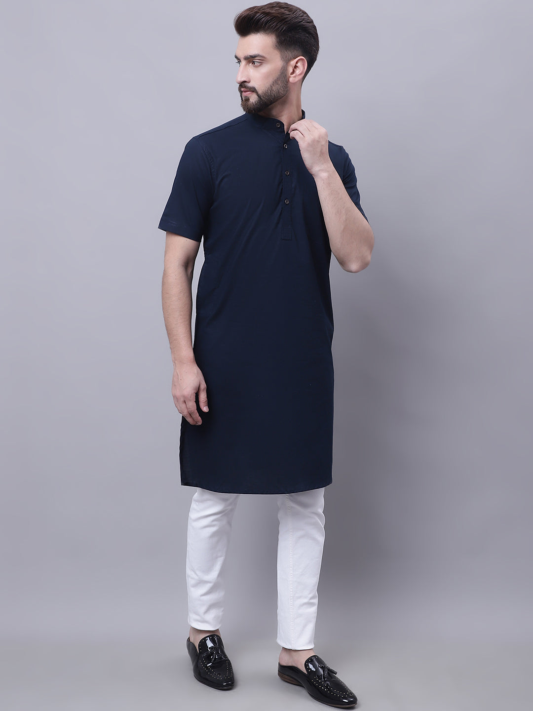 Even Apparels Blue Pure Cotton Short Sleeves Kurta With Band Collar - Distacart