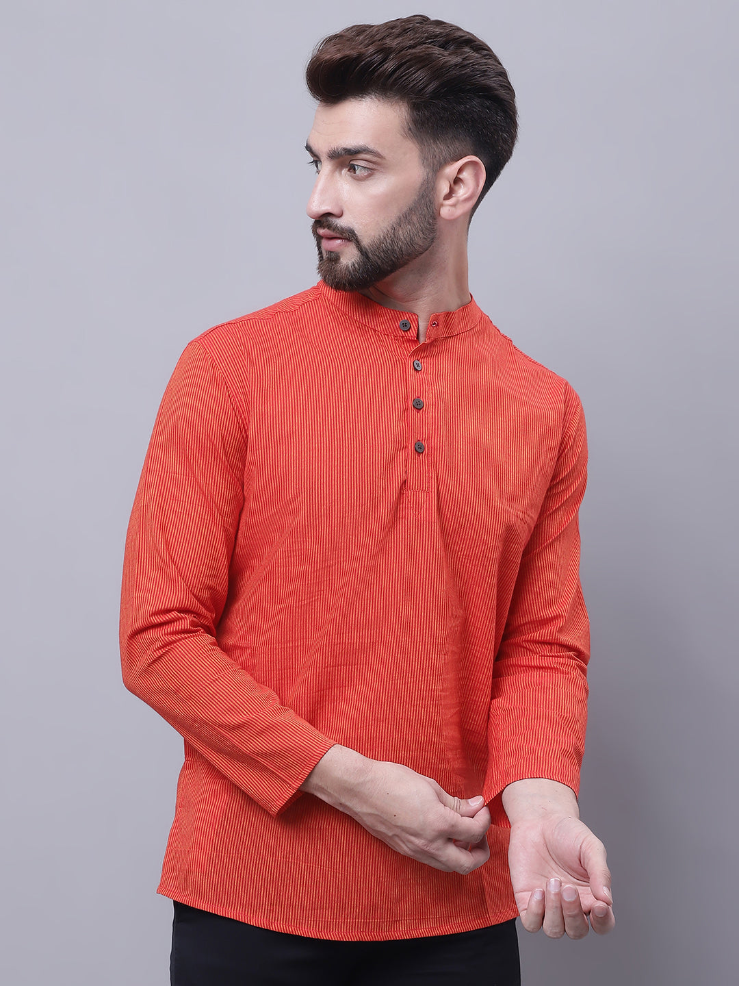 Even Apparels Orange Pure Cotton Short Kurta With Band Collar - Distacart