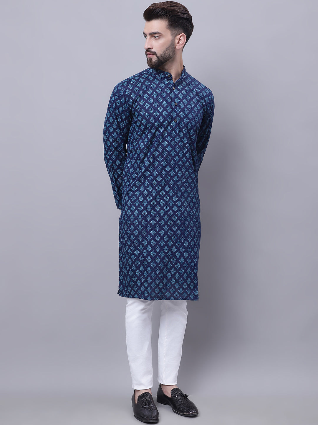 Even Apparels Blue Pure Cotton Kurta With Band Collar - Distacart