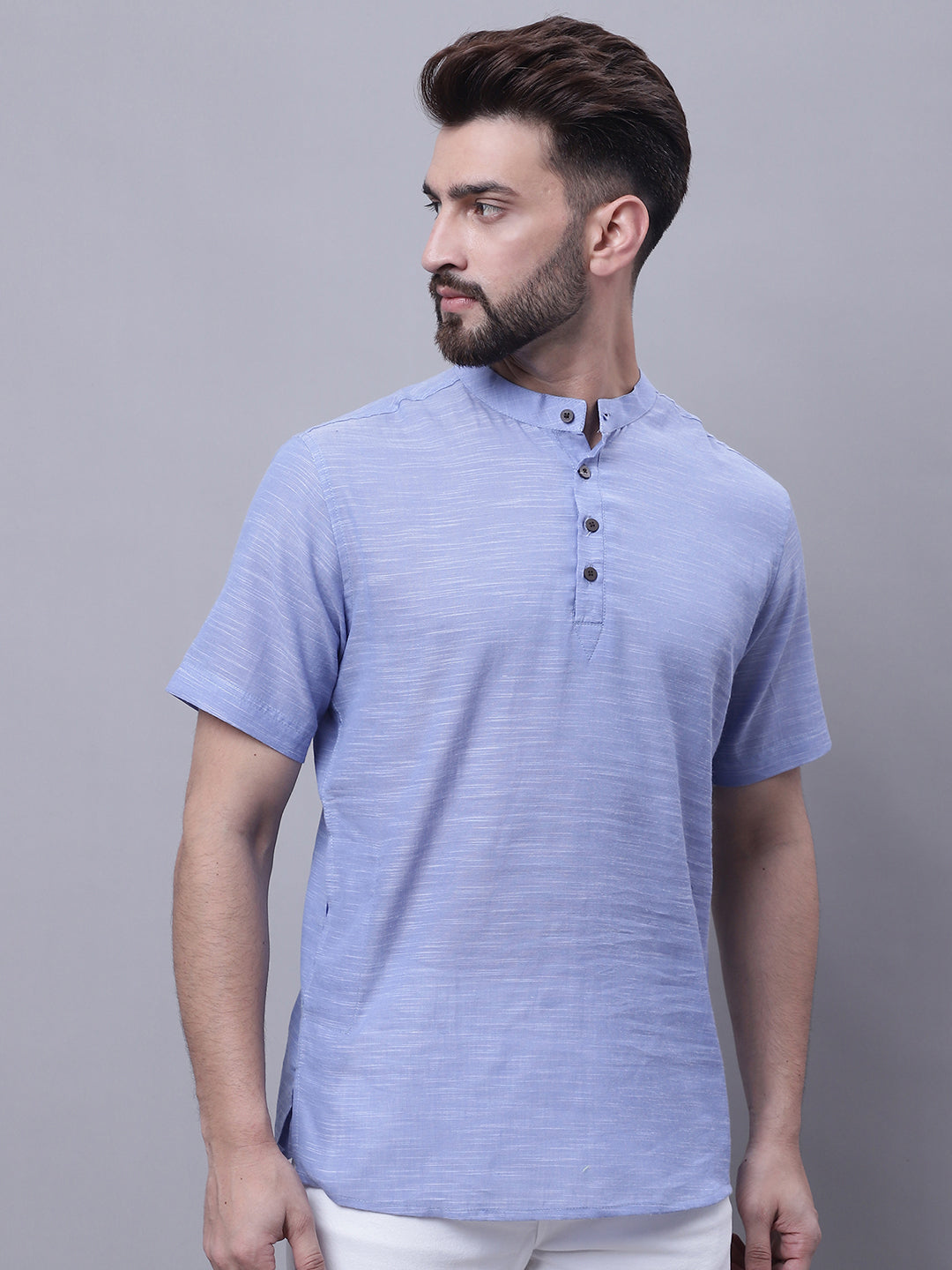 Even Apparels Blue Pure Cotton Short Kurta With Band Collar - Distacart
