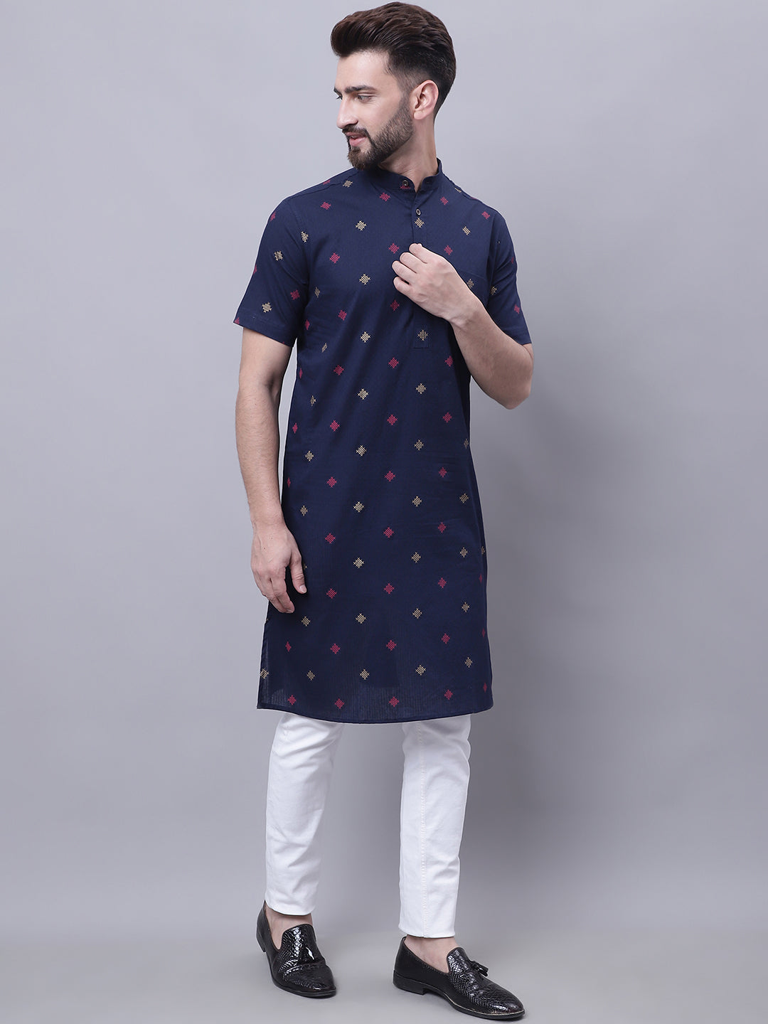 Even Apparels Blue Pure Cotton Short Sleeves Kurta With Band Collar - Distacart