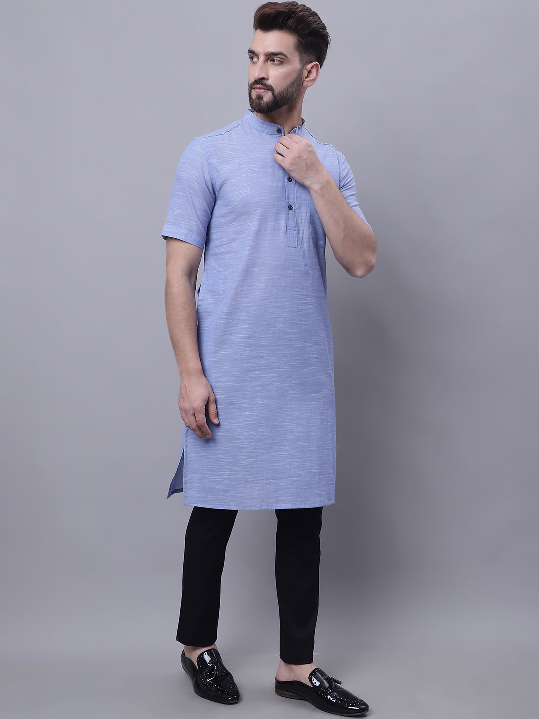 Even Apparels Blue Pure Cotton Short Sleeves Kurta With Band Collar - Distacart
