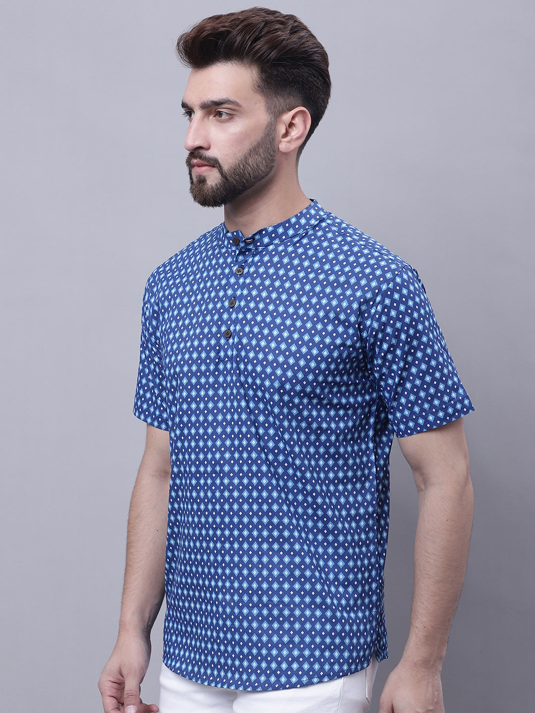 Even Apparels Blue Pure Cotton Short Kurta With Band Collar - Distacart