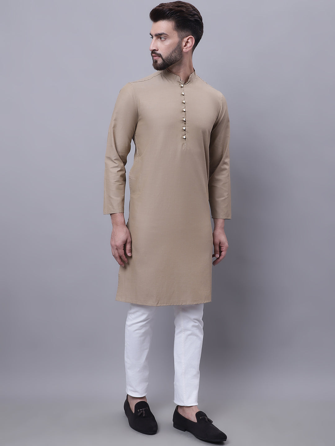 Even Apparels Beige Pure Cotton Kurta With Band Collar - Distacart