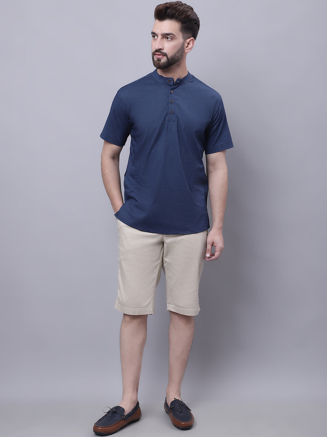 Even Apparels Blue Pure Cotton Short Kurta With Band Collar - Distacart