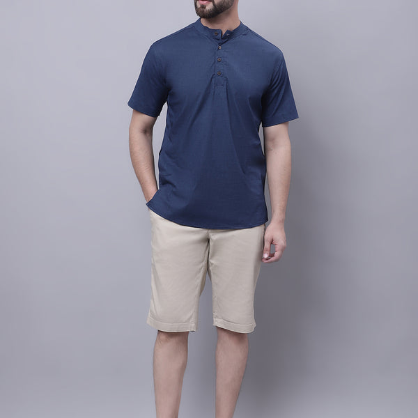 Even Apparels Blue Pure Cotton Short Kurta With Band Collar - Distacart