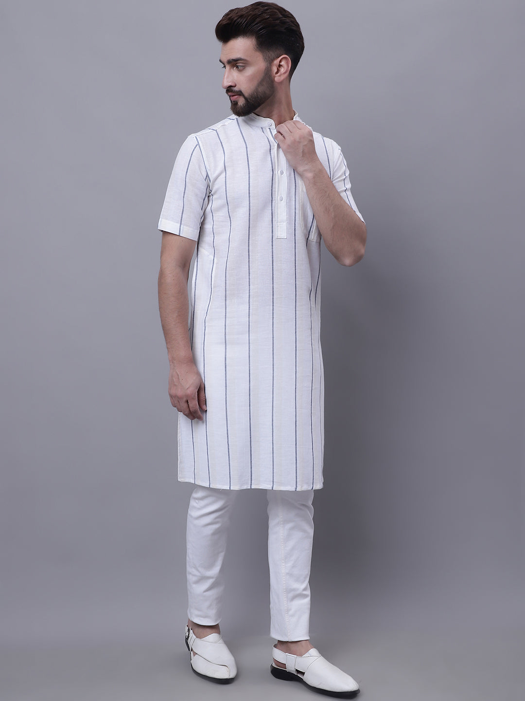 Even Apparels Cream Pure Cotton Short Sleeves Kurta With Band Collar - Distacart