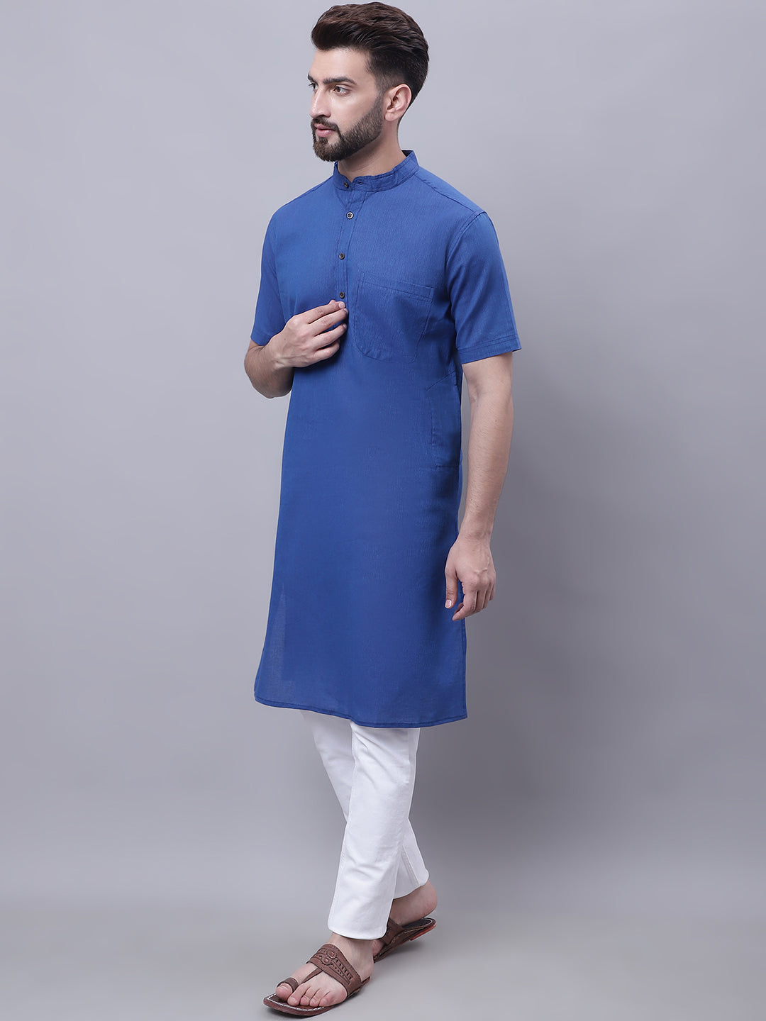 Even Apparels Blue Pure Cotton Short Sleeves Kurta With Band Collar - Distacart