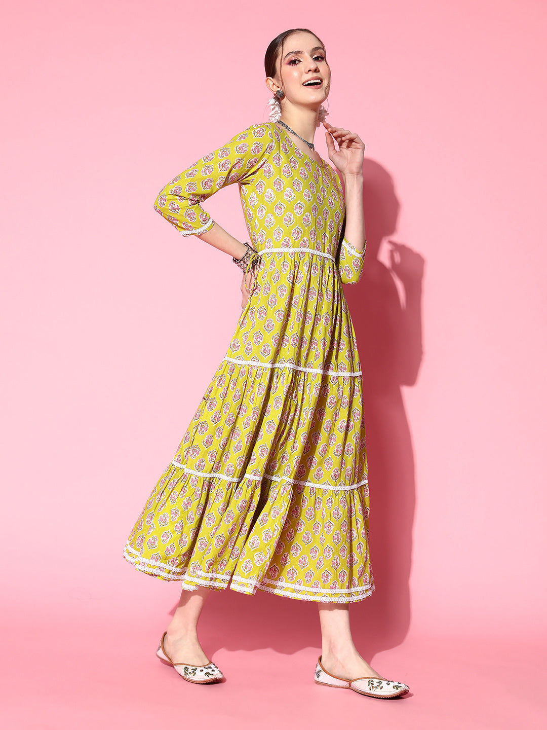 InWeave Women's Yellow Floral Print Tiered Dress With Lace - Distacart