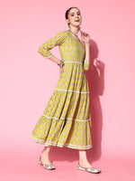 Thumbnail for InWeave Women's Yellow Floral Print Tiered Dress With Lace - Distacart