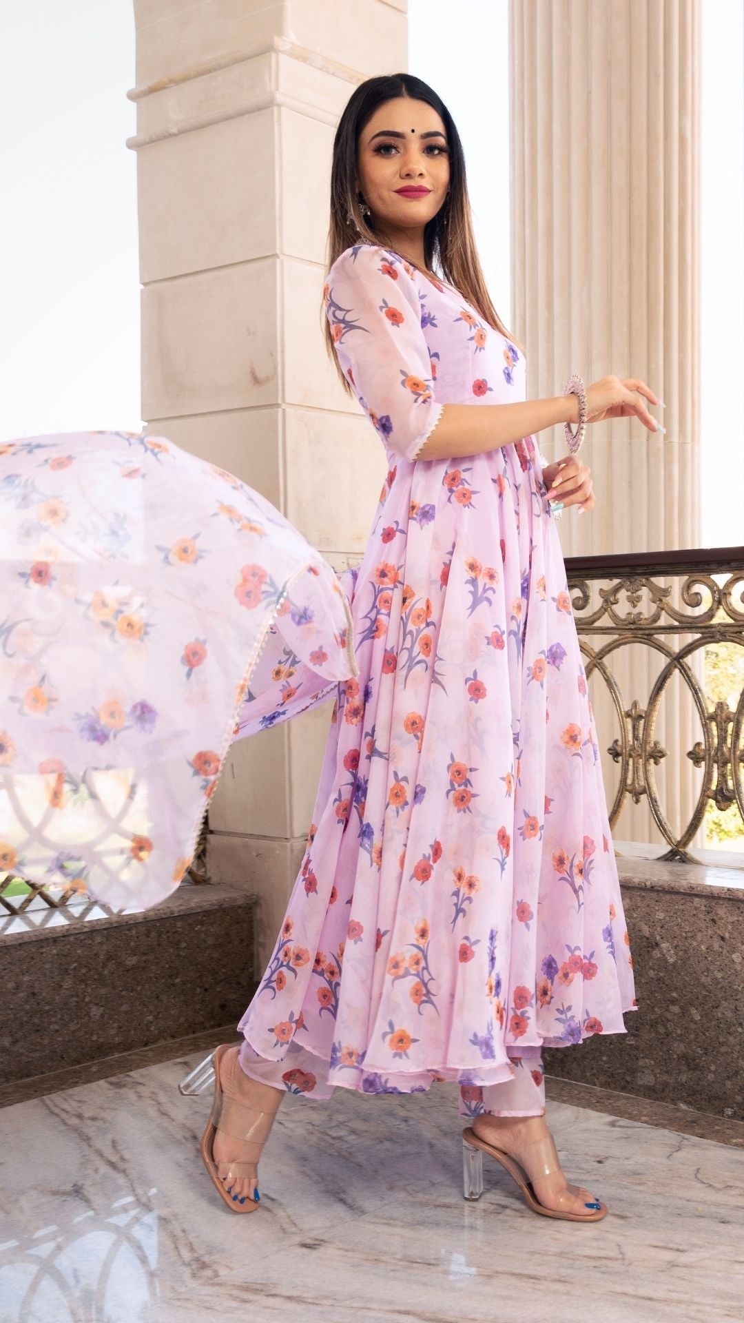 Pomcha Jaipur Lavender Gangaur Printed Organza Anarkali - Distacart