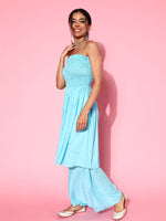 Thumbnail for InWeave Women's Sky Blue Mirror Work Off Shoulder Kurta Set - Distacart