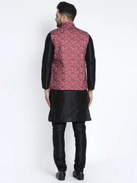 Thumbnail for Kalyum Men's Silk Blend Black Kurta With Pyjama & Maroon Printed Nehru Jacket - Distacart