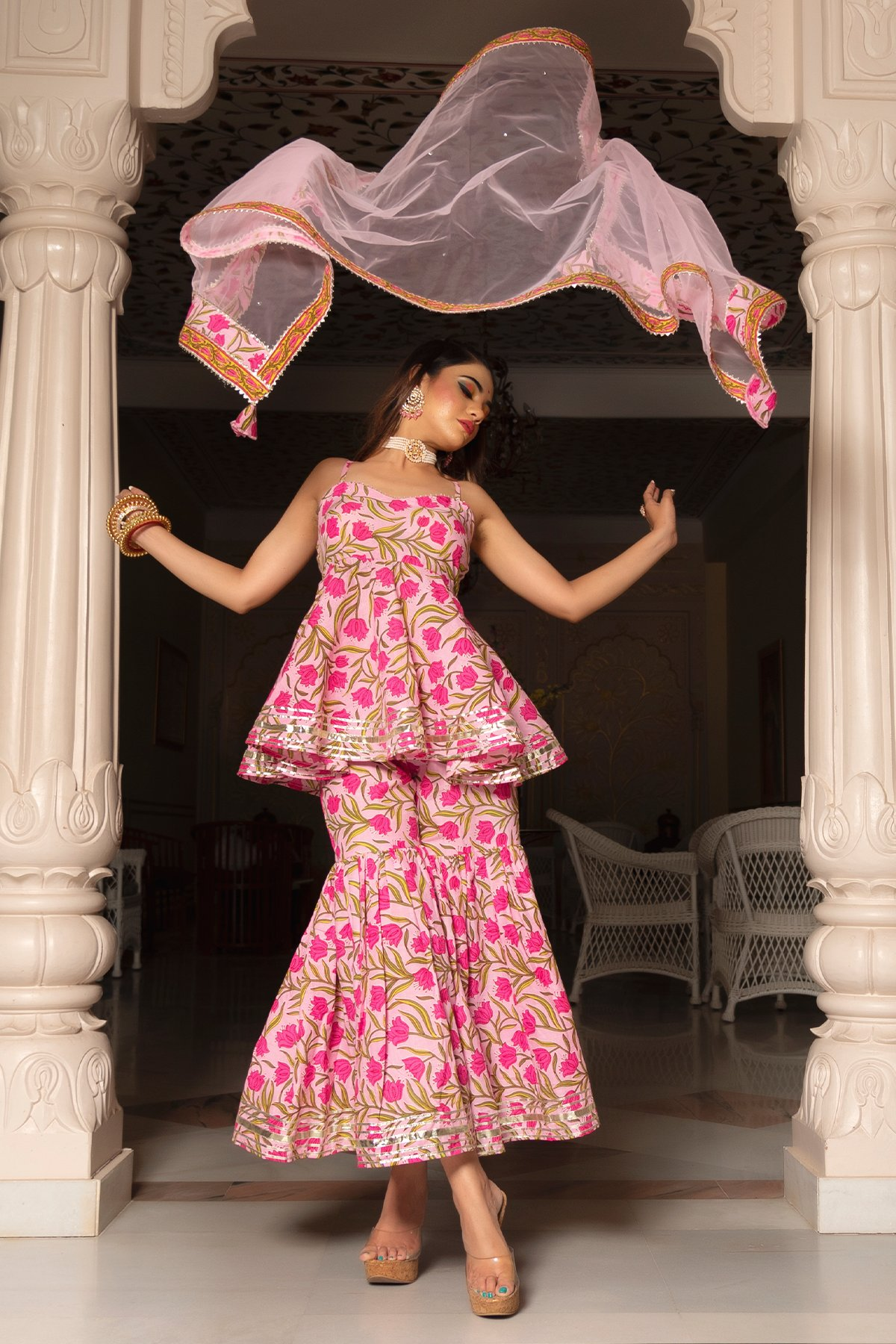 Pomcha Jaipur Nazakat Pink Cotton Hand Block Sharara Set - Distacart