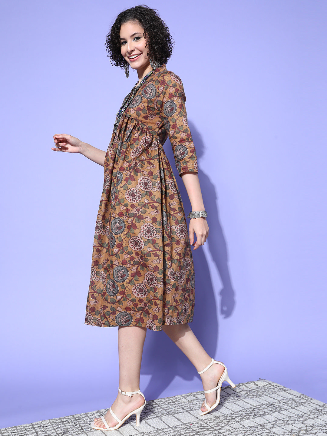 InWeave Women's Ochre Mustard Kalamkari Print Dress - Distacart