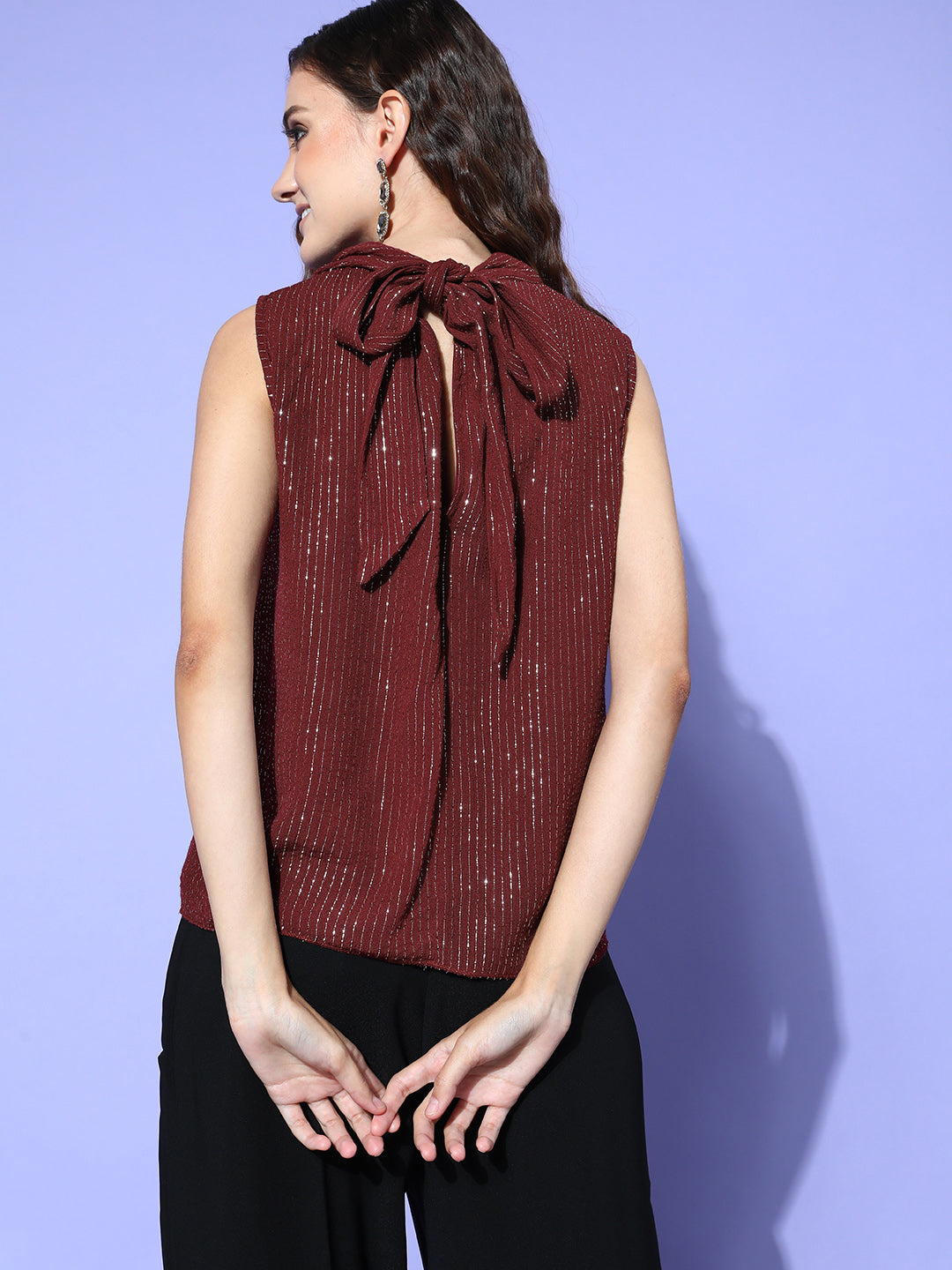 InWeave Women's Maroon Lurex Tie Up Top - Distacart