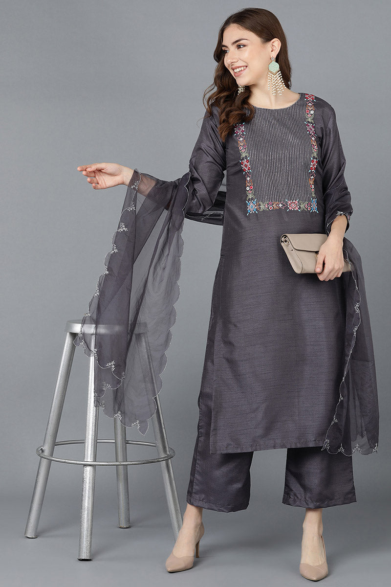 Women's Charcoal Poly Silk Embroidered Kurta Trousers With Dupatta - Rasiya - Distacart