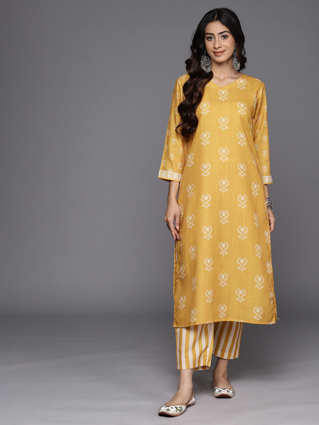 KSUT (House of Varanga) Mustard Digital Printed Kurta With V Neckline Paired With Straight Trouser - Distacart