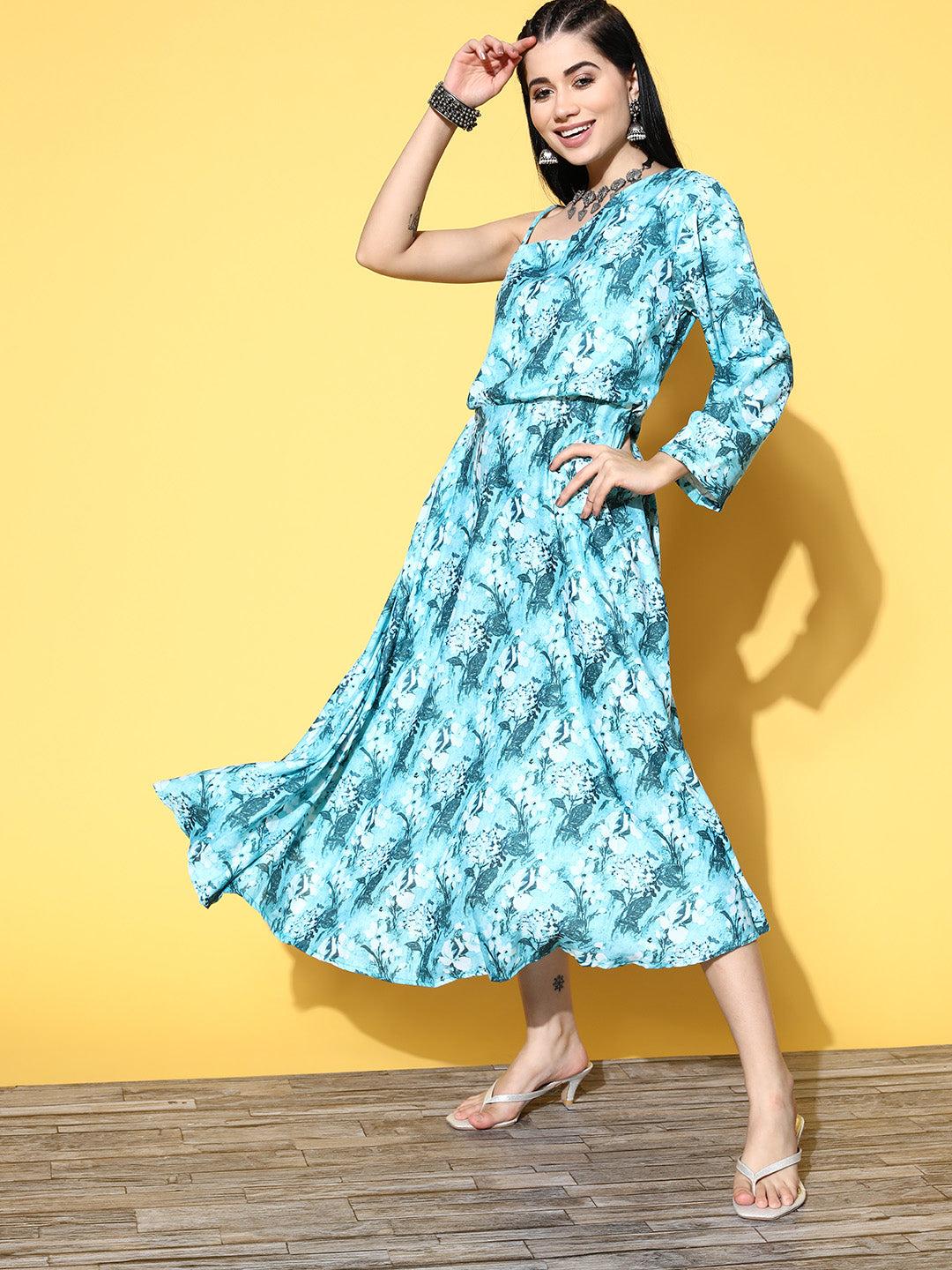 InWeave Women's Sea Blue One Shoulder Rayon Dress - Distacart