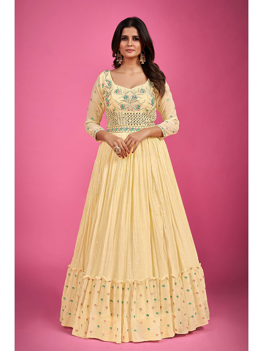 Myra Yellow Pure Georgette Embroidered Gown - Distacart