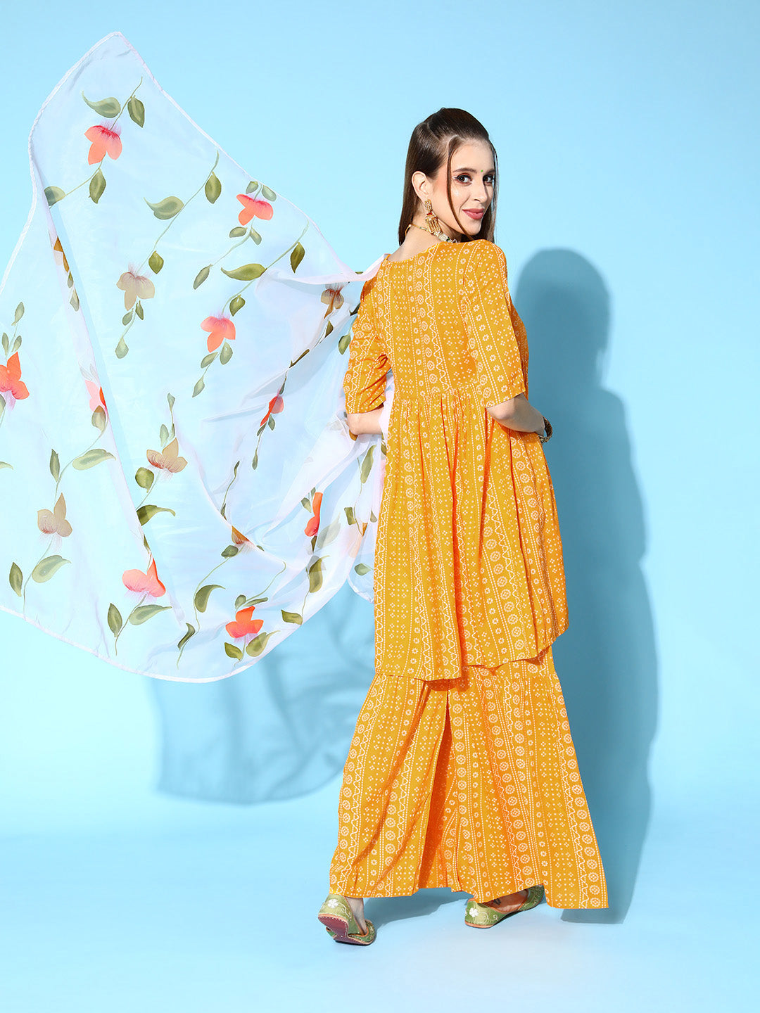 InWeave Women's Yellow Bandhani Sharara Set With Dupatta - Distacart