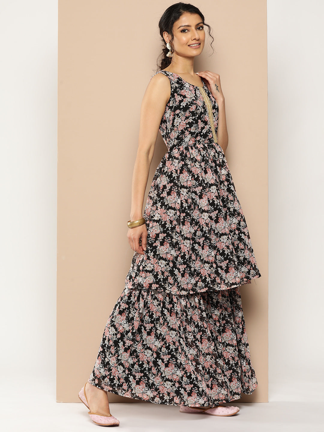 KSUT (House of Varanga) Black Printed Anarkali Kurta Paired With Sharara And Plain Tonal Dupatta - Distacart