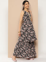 Thumbnail for KSUT (House of Varanga) Black Printed Anarkali Kurta Paired With Sharara And Plain Tonal Dupatta - Distacart