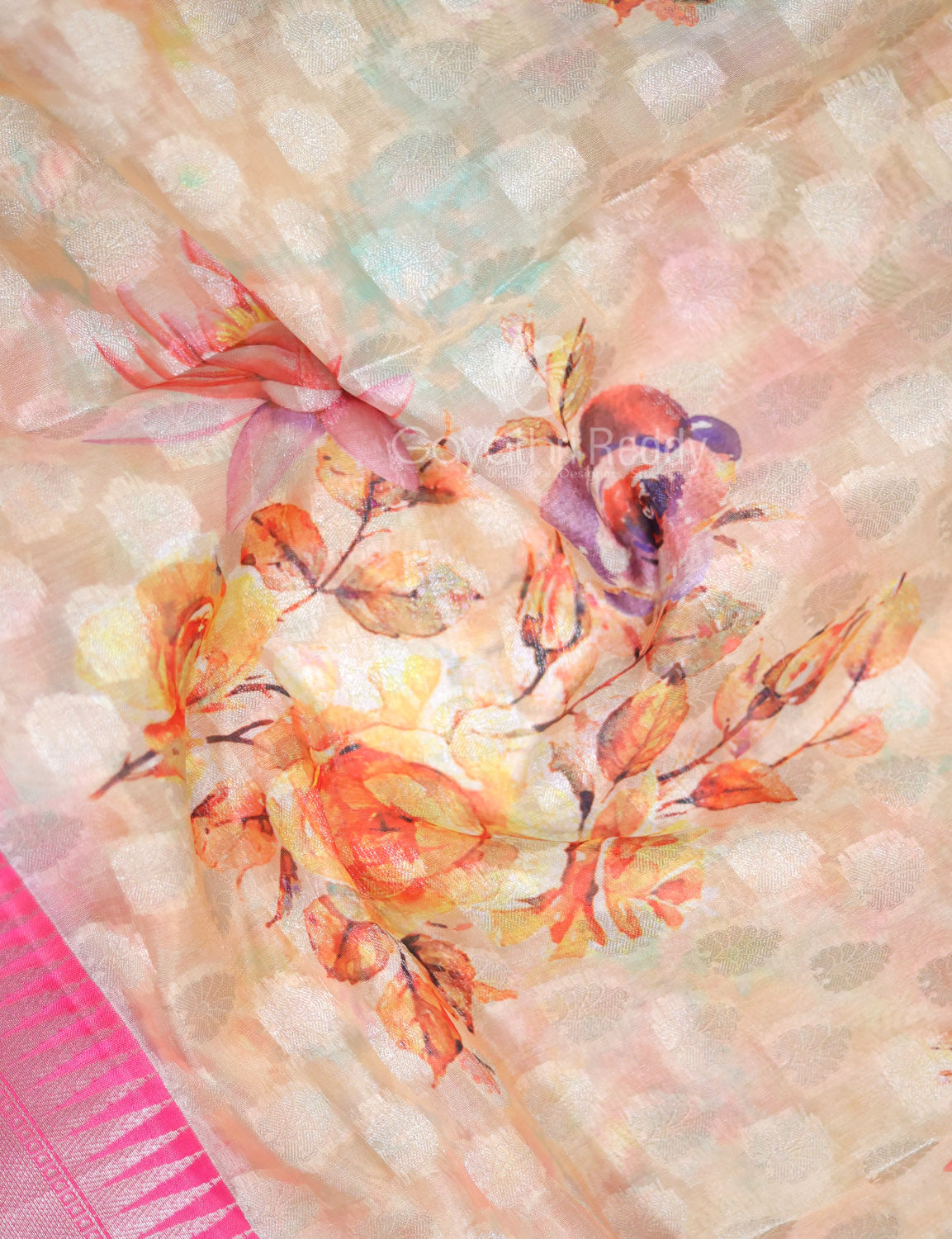 Shades of Cream Colour Floral Design Banaras Semi Silk Saree By Gayathri Reddy Designer Studio - Distacart