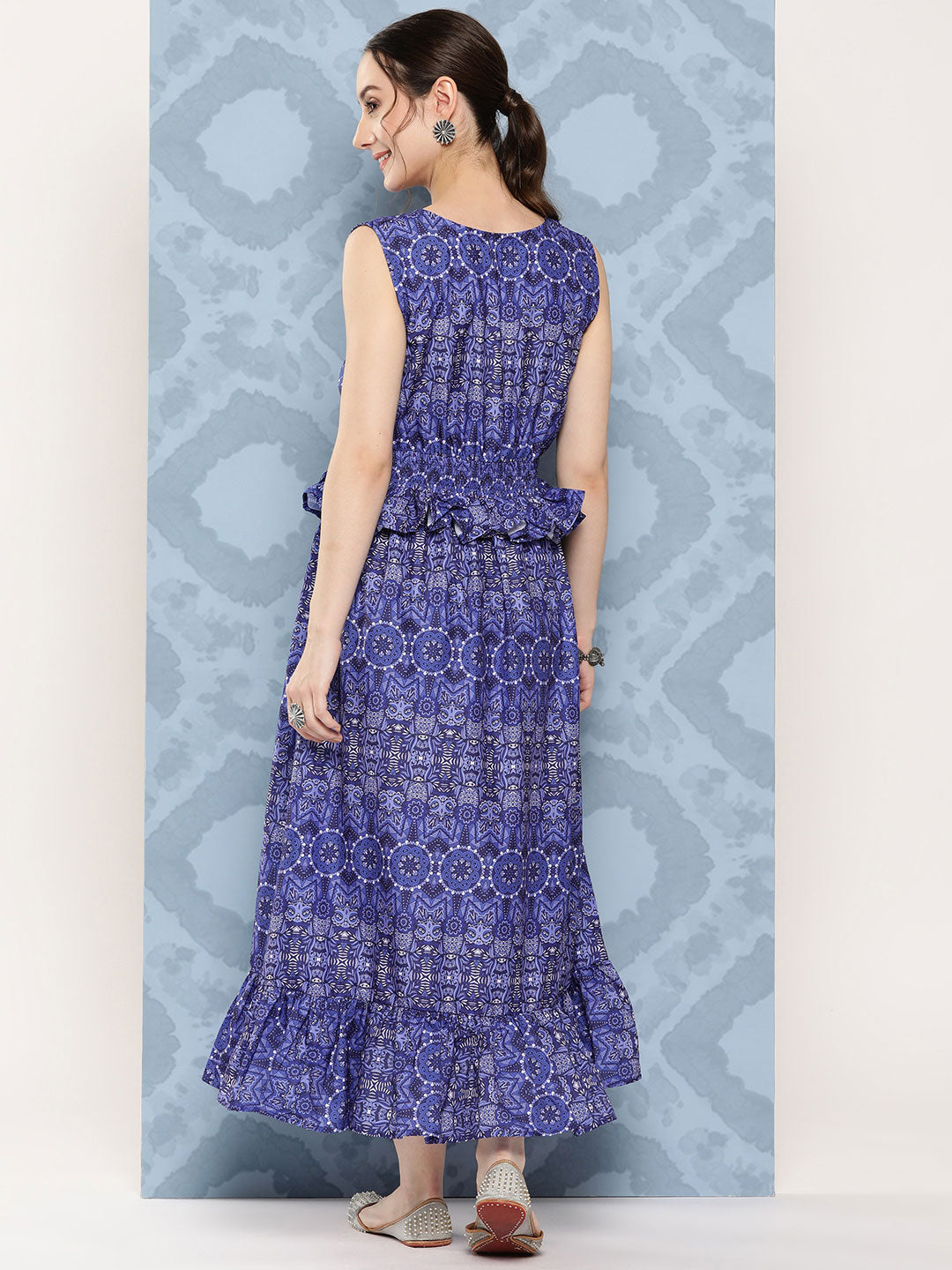InWeave Women's Blue Floral Paisley Print Long Frill Dress - Distacart