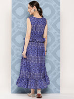 Thumbnail for InWeave Women's Blue Floral Paisley Print Long Frill Dress - Distacart