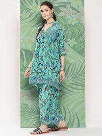 Thumbnail for InWeave Women's Turquoise Blue Camelia Printed Ethnic Kurta Set - Distacart