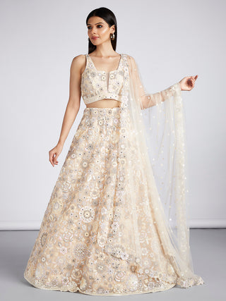 House of Panchhi Cream Net Sequins, Mirror And Thread Embroidery Lehenga Choli & Dupatta - Distacart