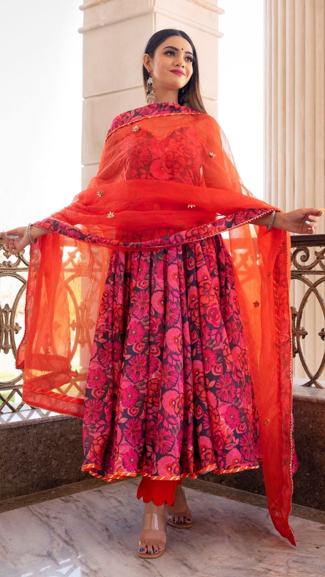 Pomcha Jaipur Tara Orange Printed Anarkali Set - Distacart