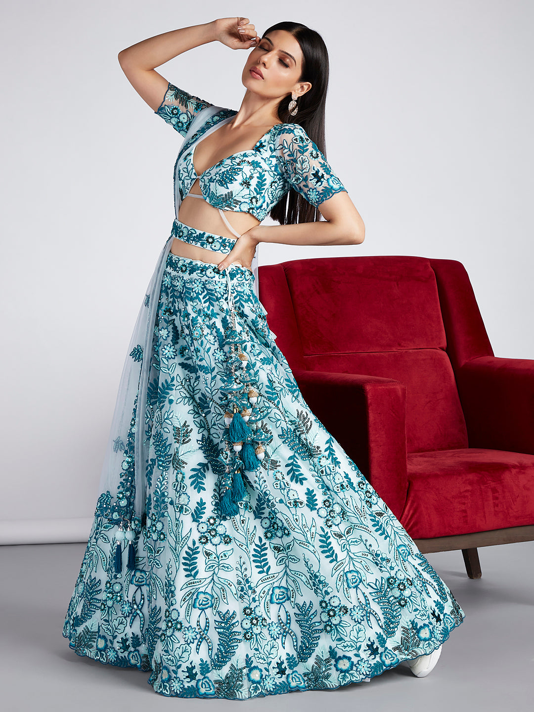 House of Panchhi Turquoise Blue Net Sequins, Mirror And Thread Embroidery Lehenga Choli & Dupatta - Distacart