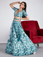Thumbnail for House of Panchhi Turquoise Blue Net Sequins, Mirror And Thread Embroidery Lehenga Choli & Dupatta - Distacart