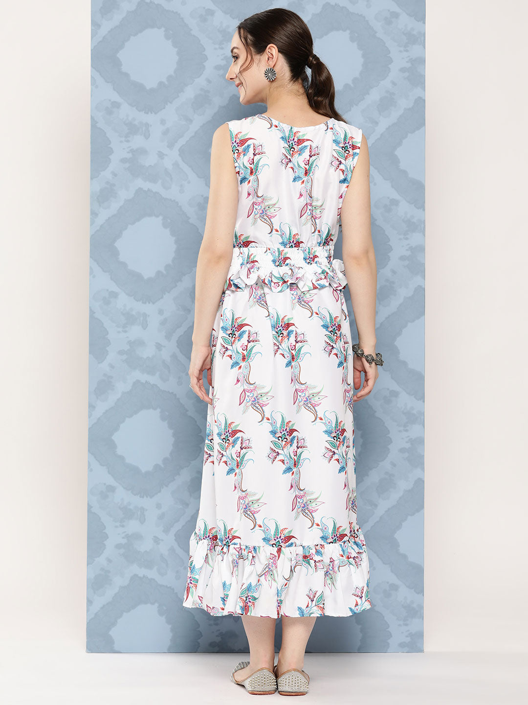 InWeave Women's White Floral Paisley Print Long Frill Dress - Distacart