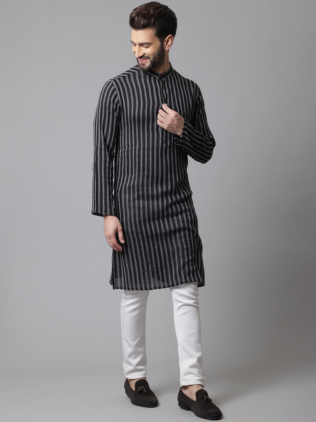 Even Apparels Black Pure Cotton Kurta With Band Collar - Distacart