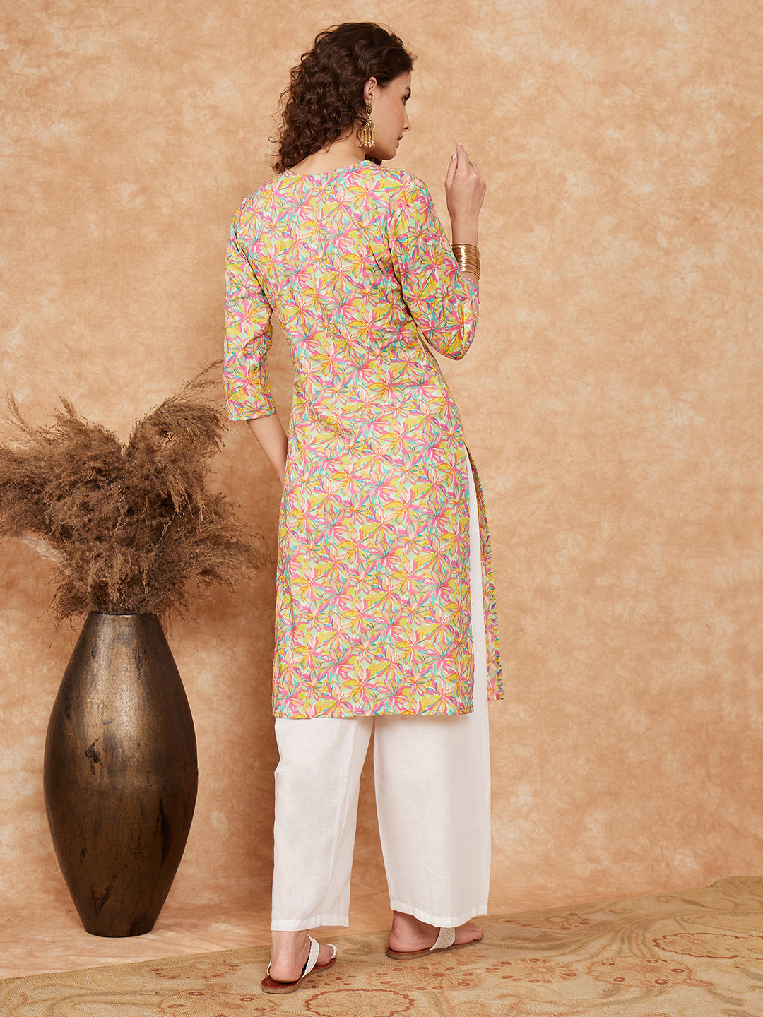 InWeave Women's Multi Floral Painted Alia Lace Work Straight Kurta - Distacart