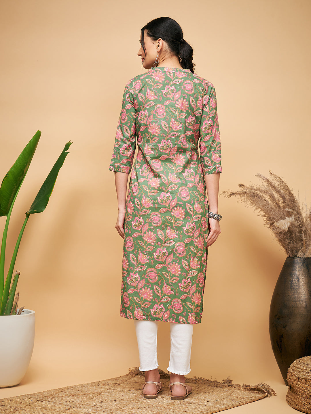 InWeave Women's Green Pink Floral Angrakha Straight Kurta - Distacart