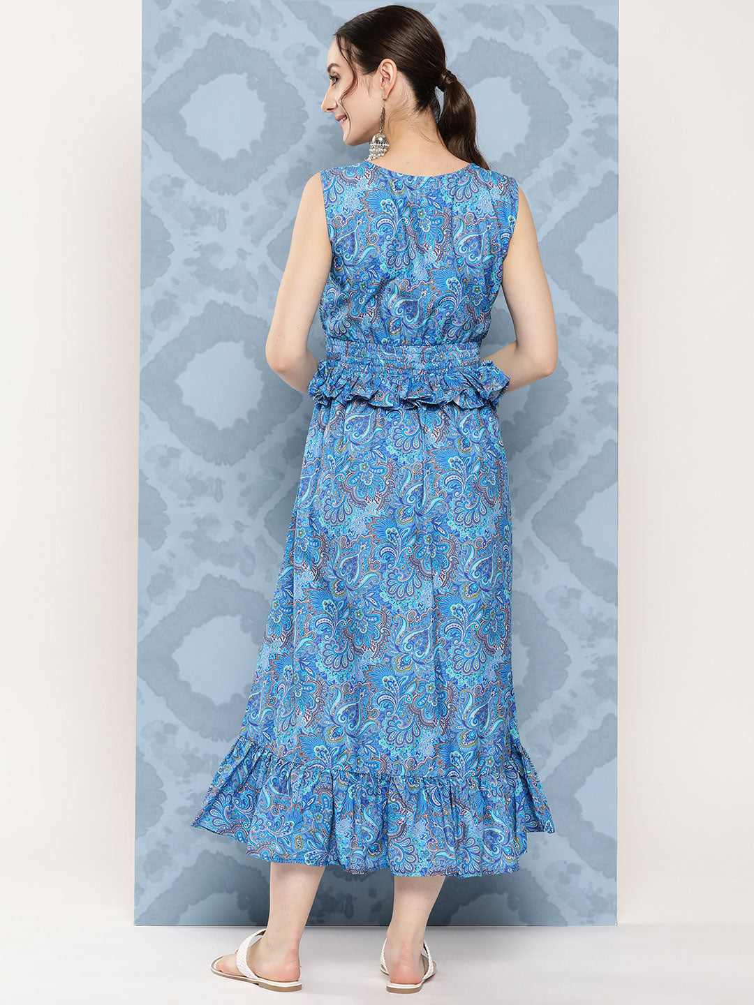 InWeave Women's Sapphire Blue Floral Paisley Print Long Frill Dress - Distacart