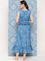 Thumbnail for InWeave Women's Sapphire Blue Floral Paisley Print Long Frill Dress - Distacart
