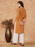 Thumbnail for InWeave Women's Mustard Ethnic Print Lace Gota Work Straight Kurta - Distacart