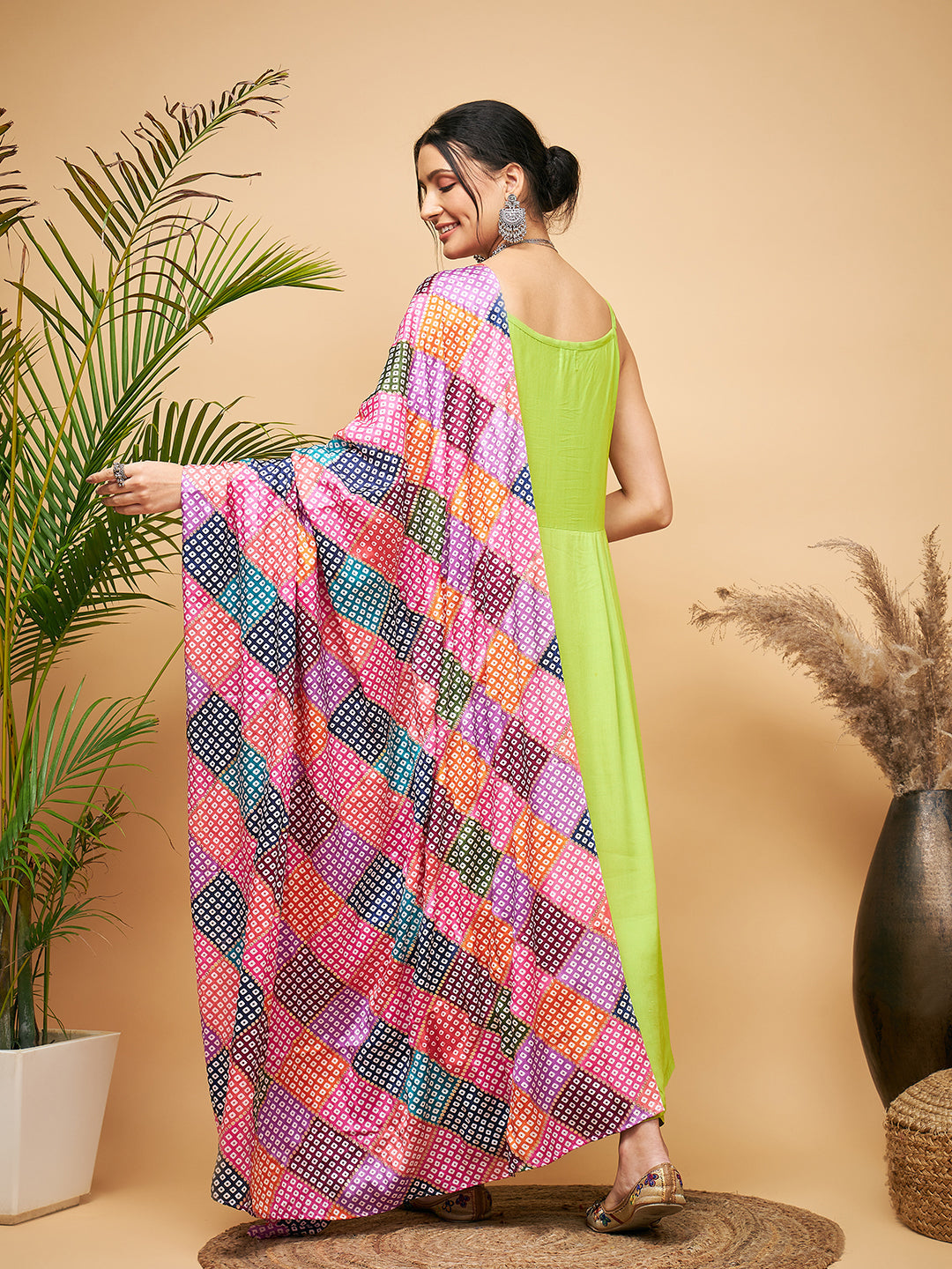 InWeave Women's Lime Green Strappy Set W Square Bandhani Print Silk Dupatta - Distacart